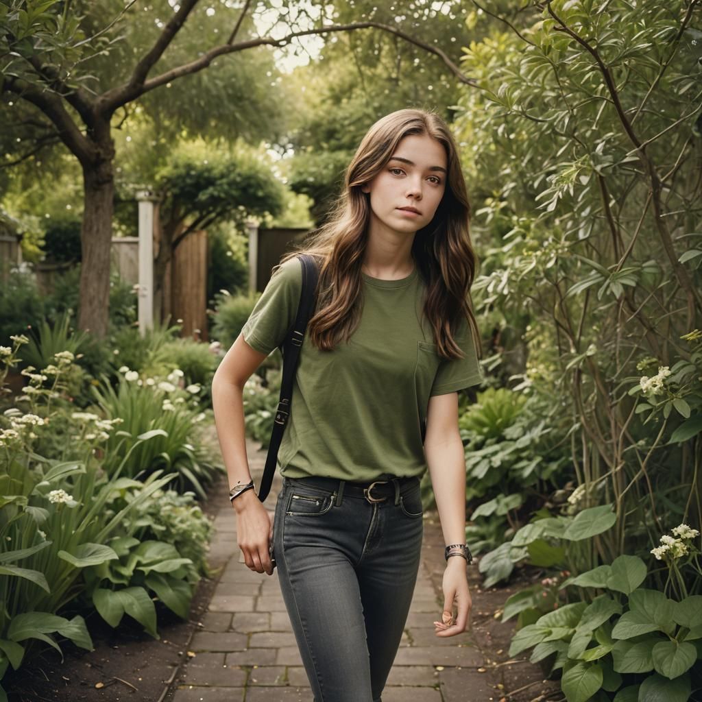 Girl with Brown Hair Explores Garden
