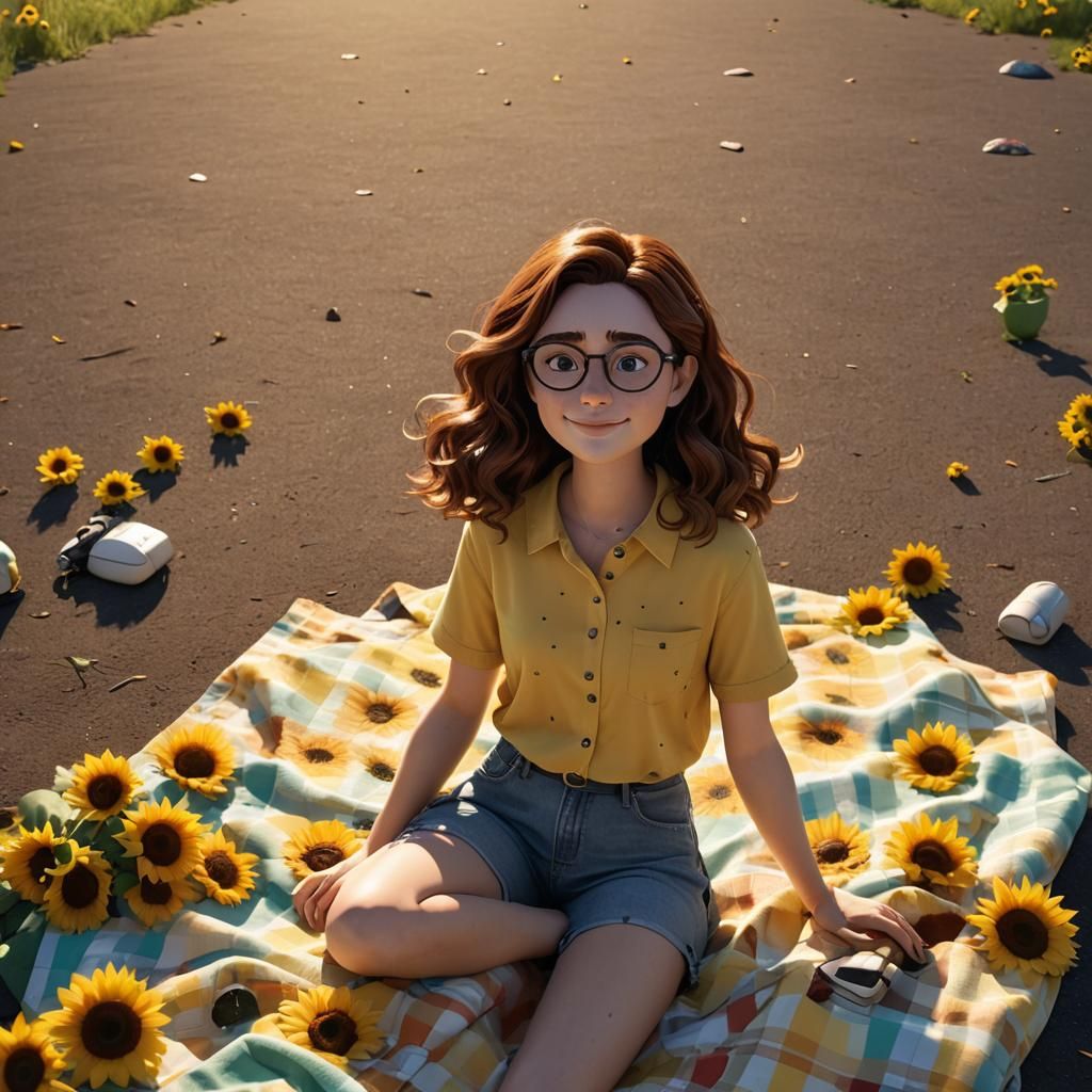 Pixar Style Girl Enjoying a Sunny Picnic
