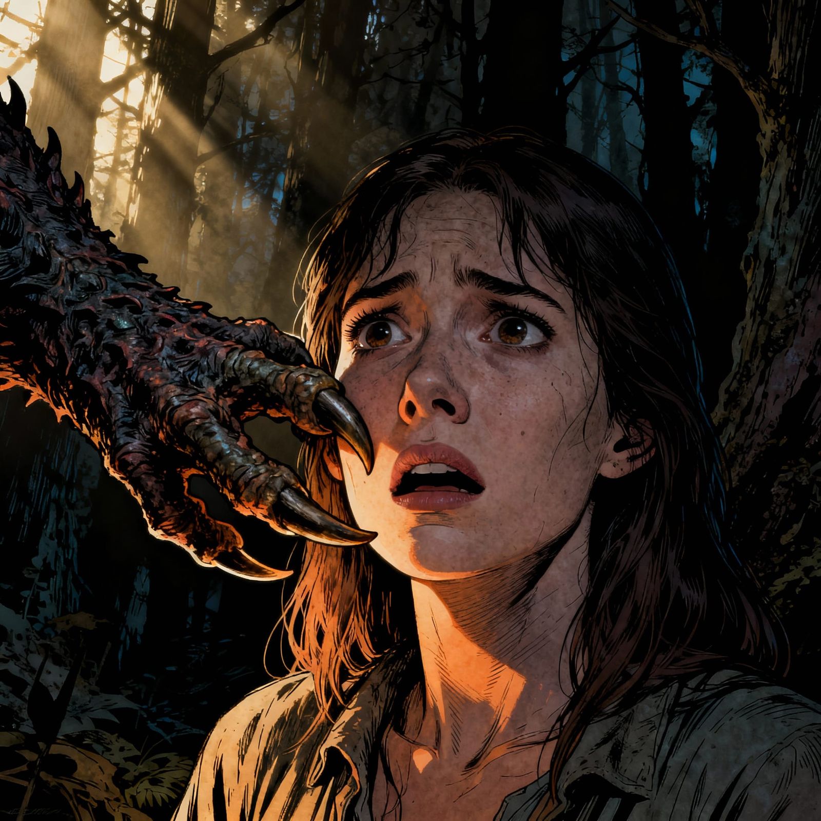 Woman Touched by Forest Monster Claw in Dark Forest