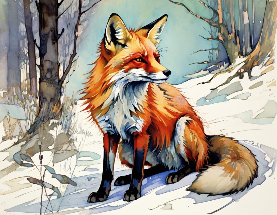 Vibrant Red Fox Inspired by Modernist Painting