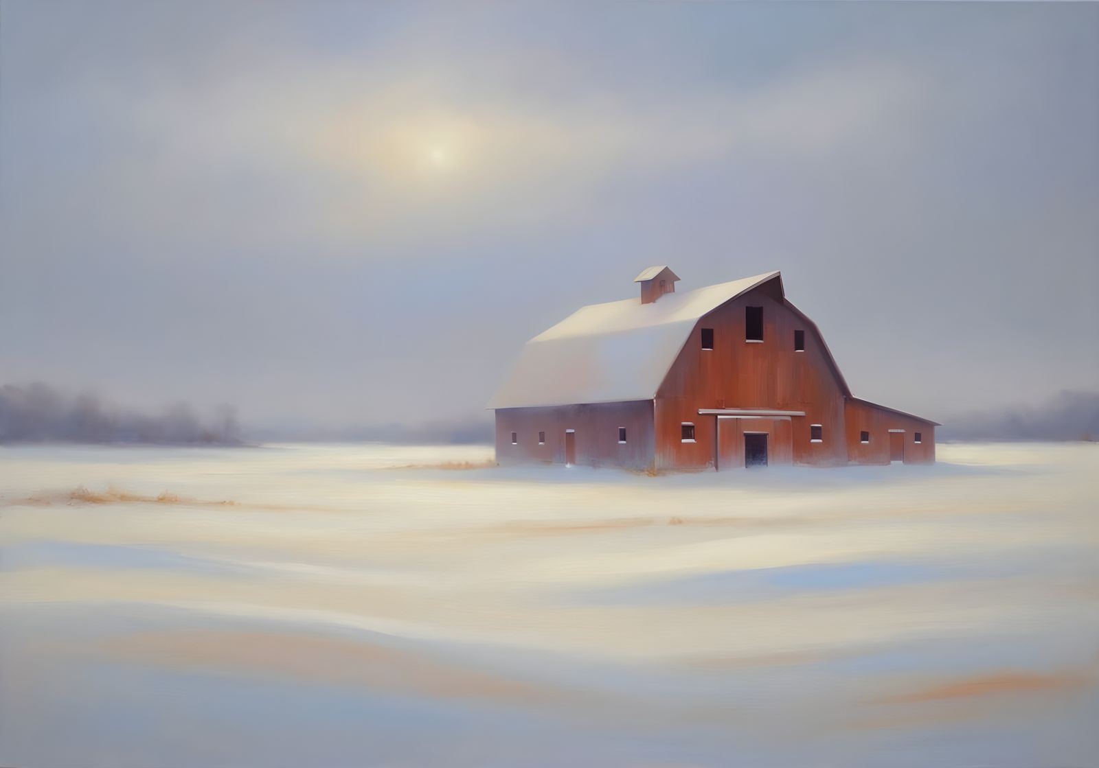 Ethereal Winter Landscape Painting of a Barn