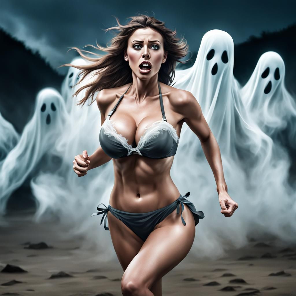 Frightened Woman Running from Ghosts