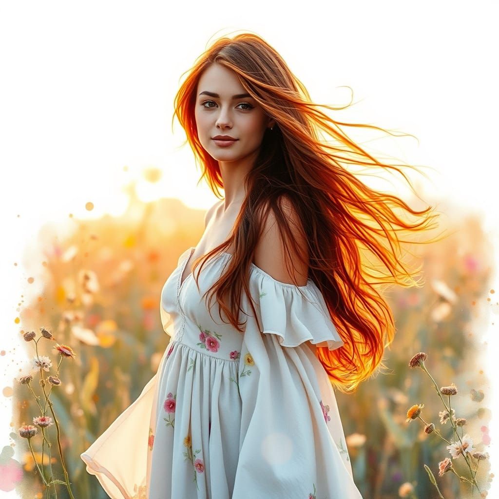 Auburn-Haired Woman in Wildflower Field, Watercolor Style