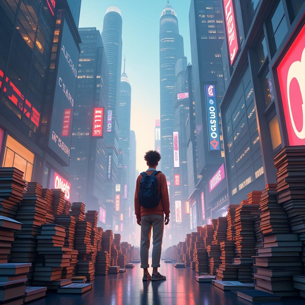 Futuristic City Reader Surrounded by Books