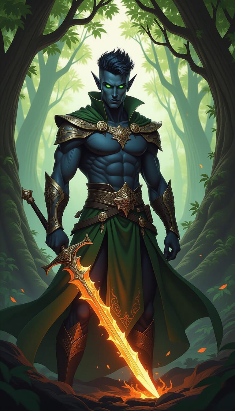 Dark Elf Prince in Enchanted Forest, Art Nouveau Style