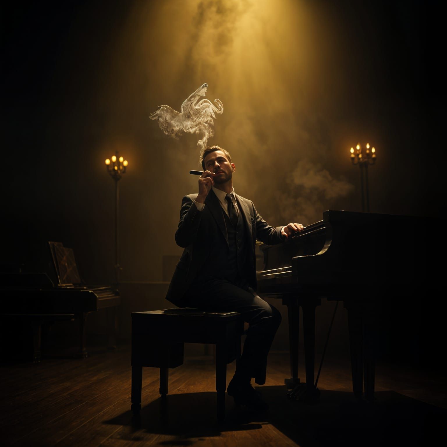Dramatic Piano Player in Cinematic Film Still