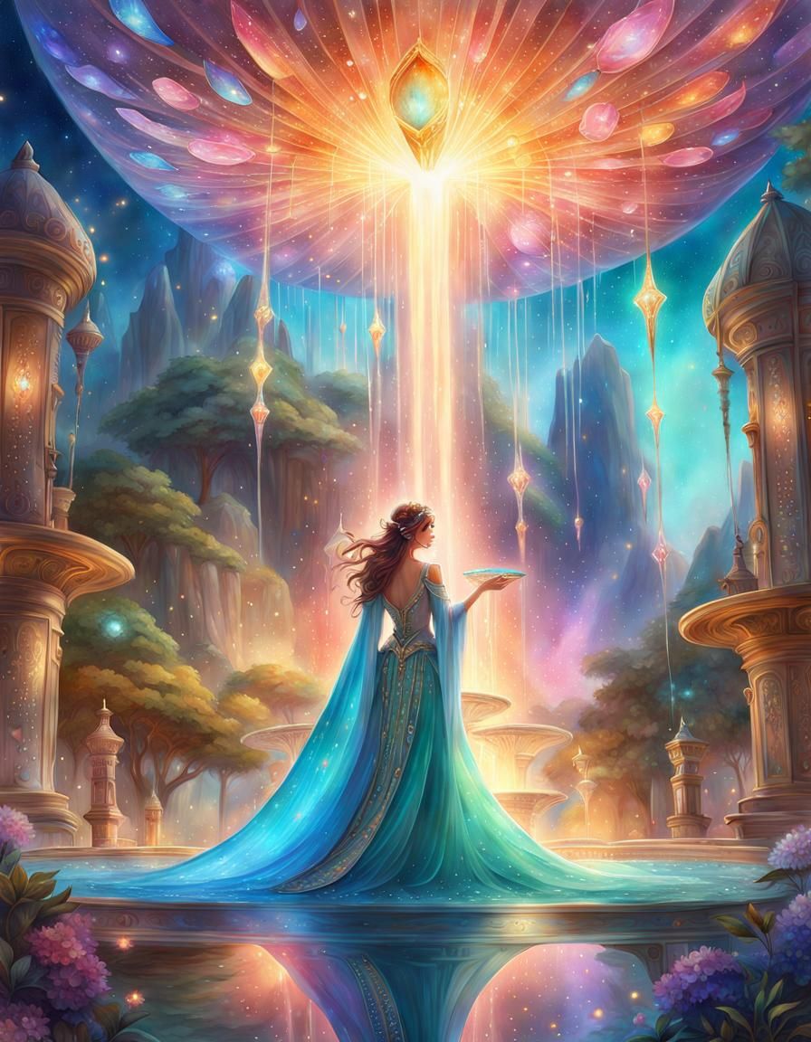 Dreamy Crystal Fountain Under Supernova Sky