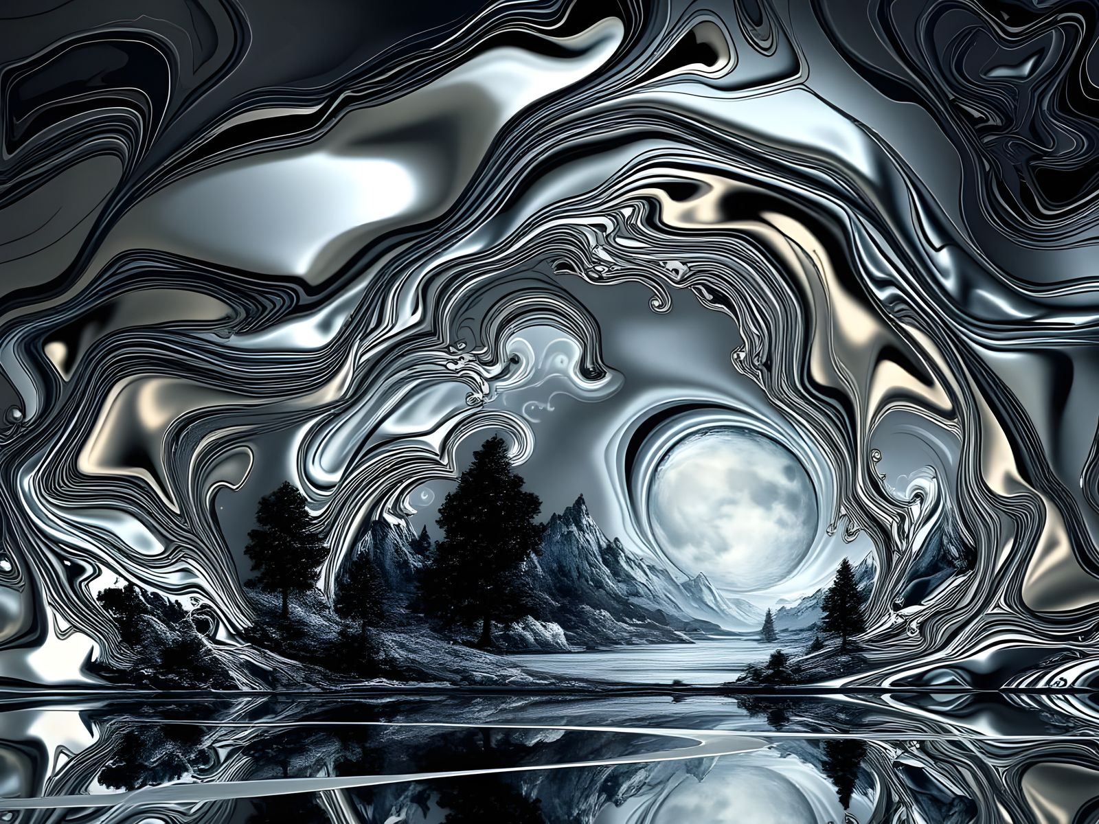 Modern Liquid Metal Abstract in Chrome Style