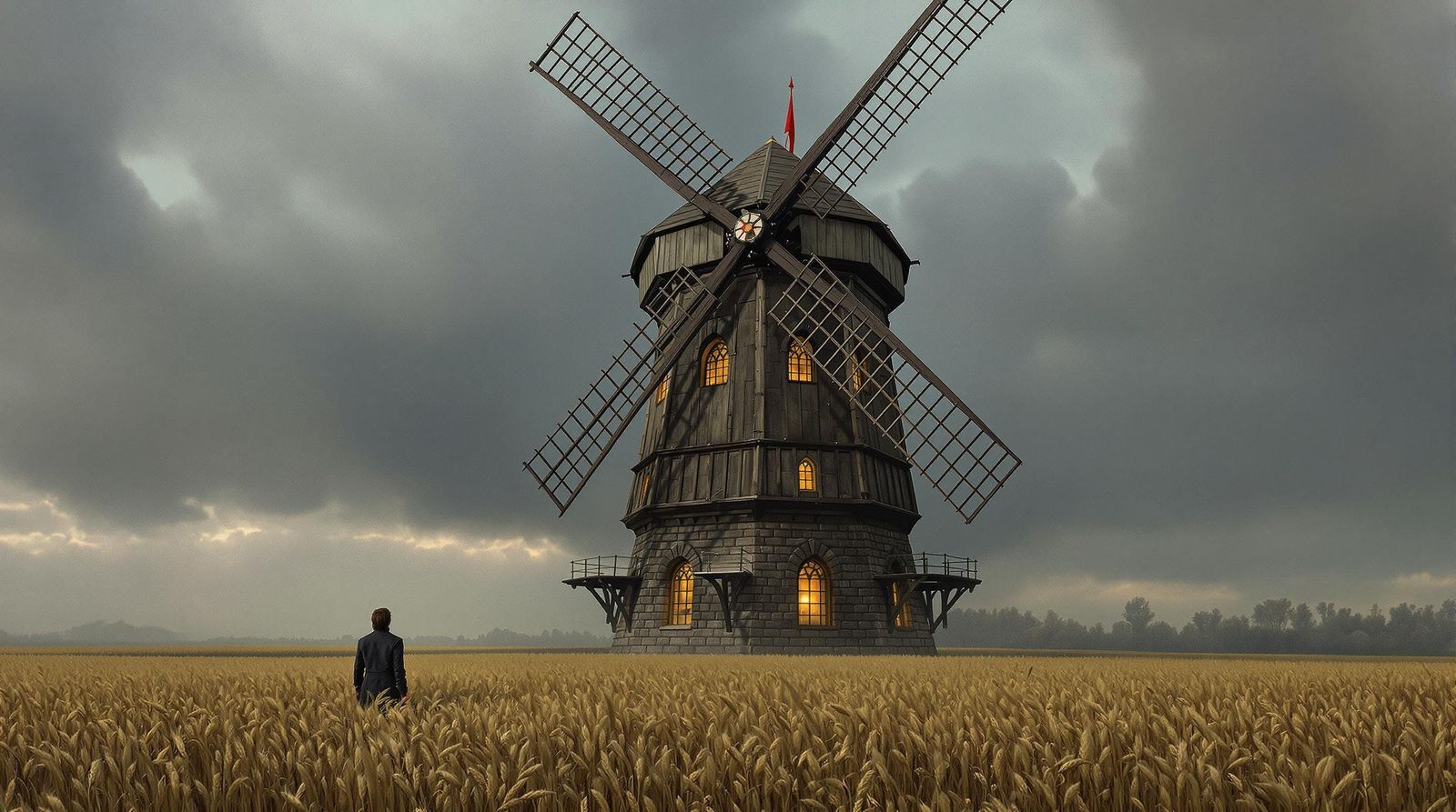 Medieval Windmill in Wheat Field on Cloudy Day