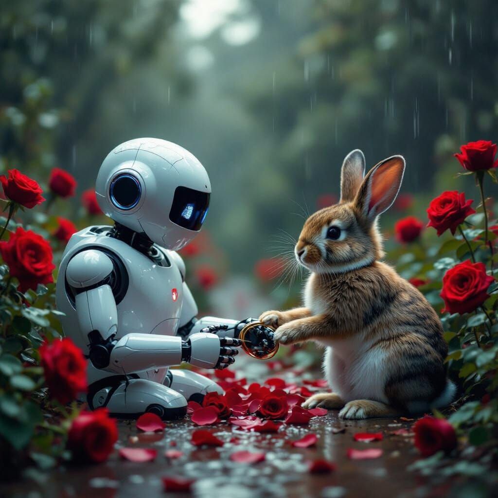 Robots and Rabbits Exchange Rings Amidst Roses in Cinematic ...