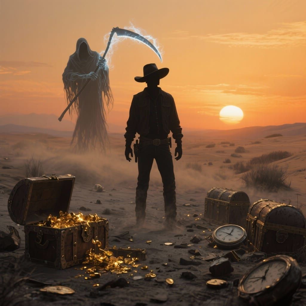 Cowboy vs Reaper at Desert Sunset in Gothic Surreal Style