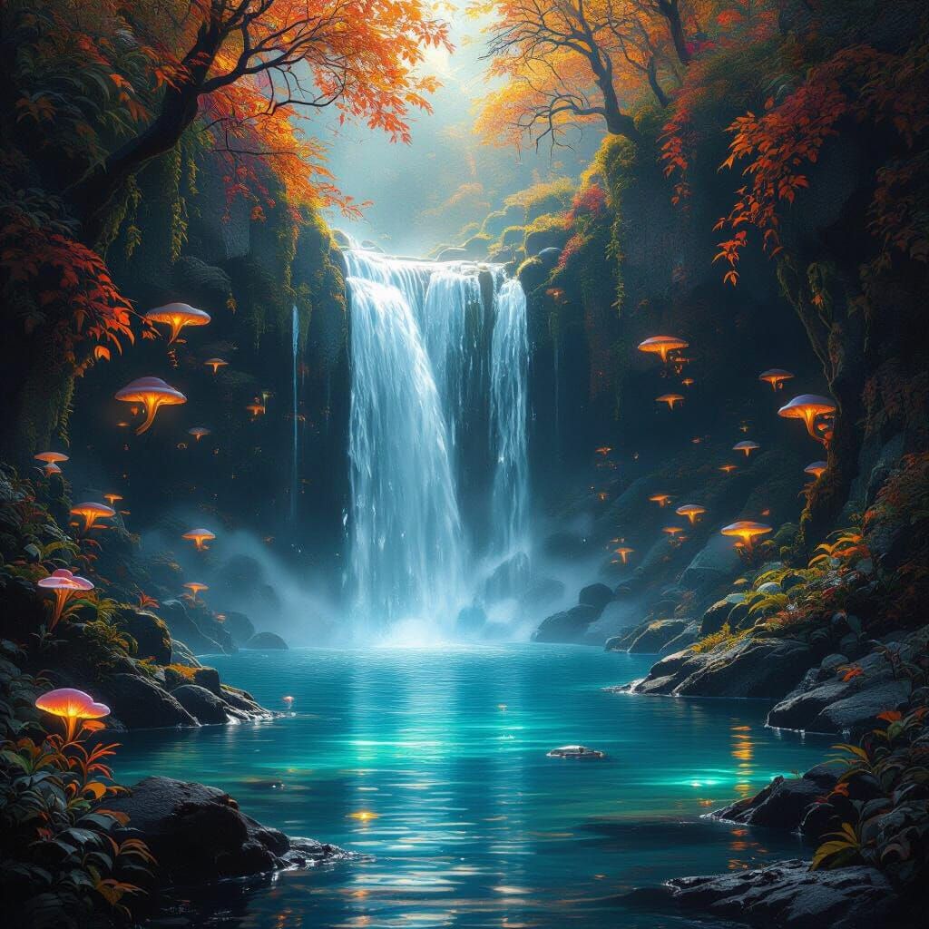 Enchanting Grotto Waterfall with Bioluminescent Fungi and Au...