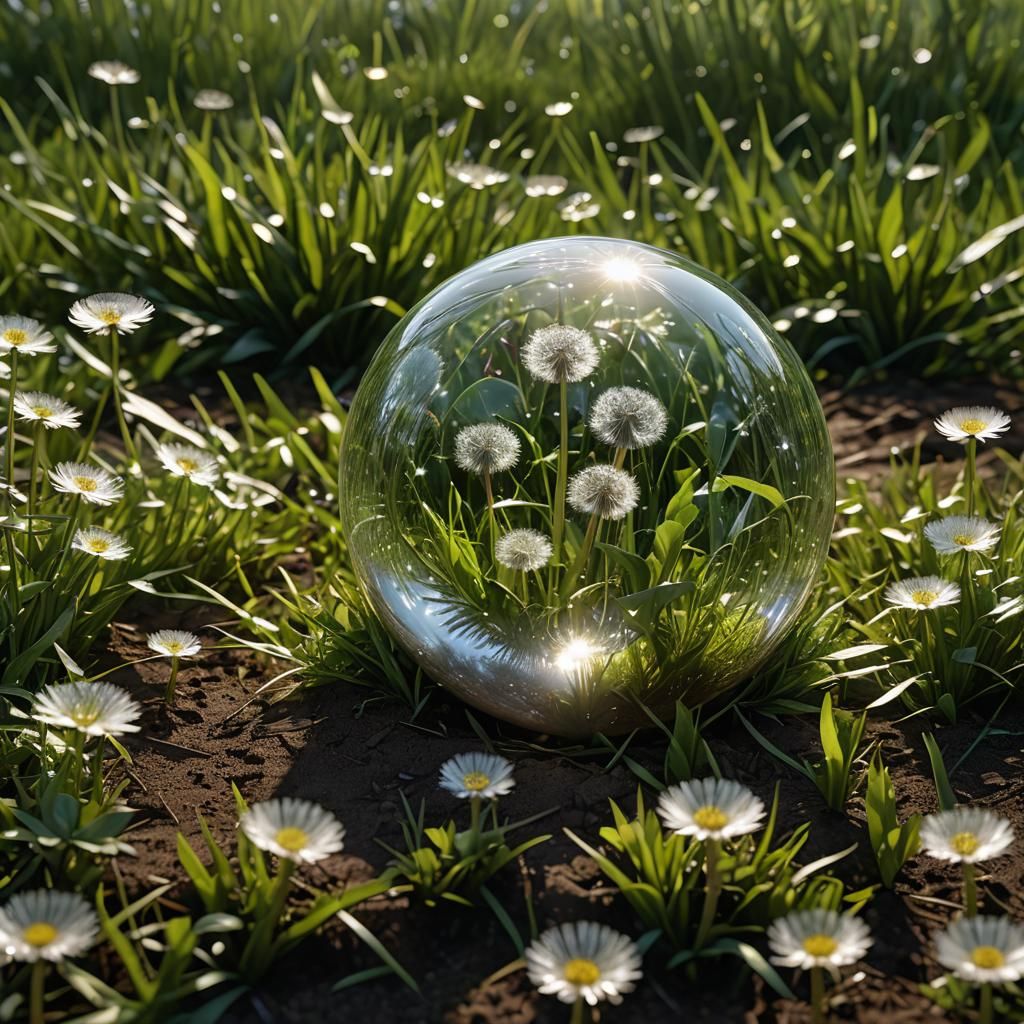 Dandelion in Glass Ball on Meadow