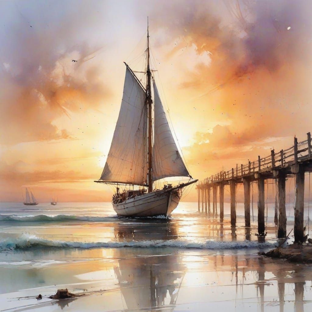 Surreal Sailboat Scene in Whimsical Watercolour Style