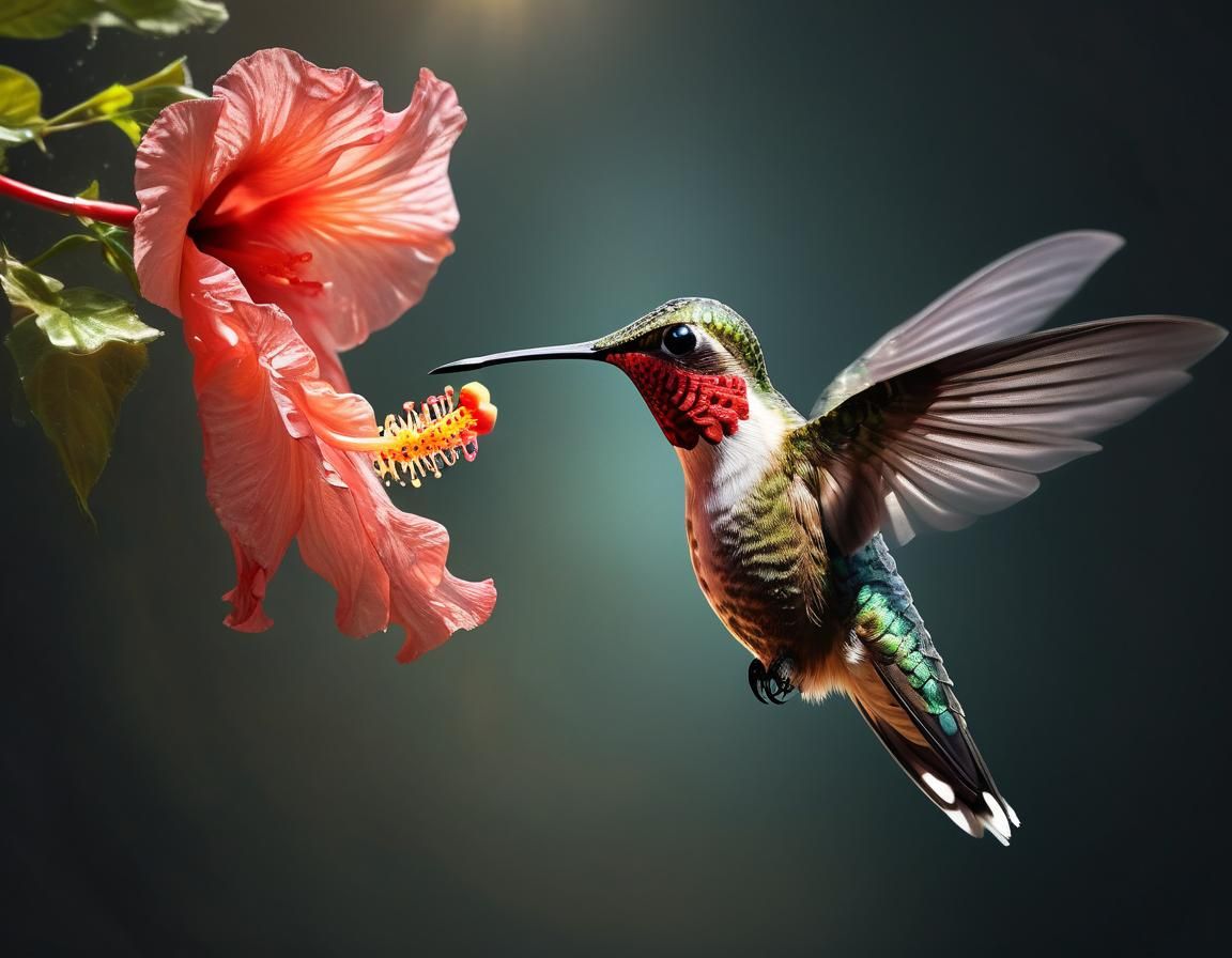 Hummingbird Feeds on Hibiscus Nectar: Hyperrealistic Digital...