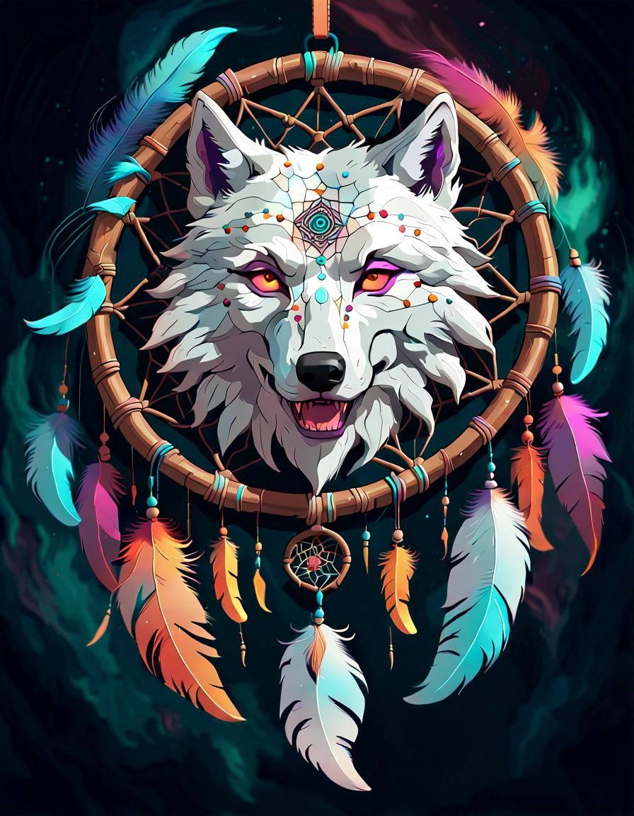 Ghost Wolf Dreamcatcher in Vibrant Illustration Style