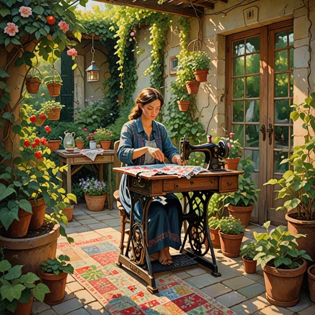 Cozy Countryside Courtyard with Lush Greenery and Hanging Fr...