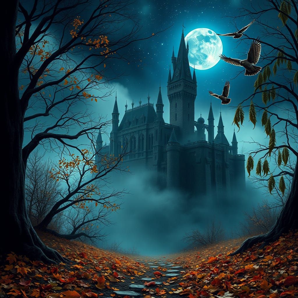 Eerie Autumn Castle Under a Starry Night