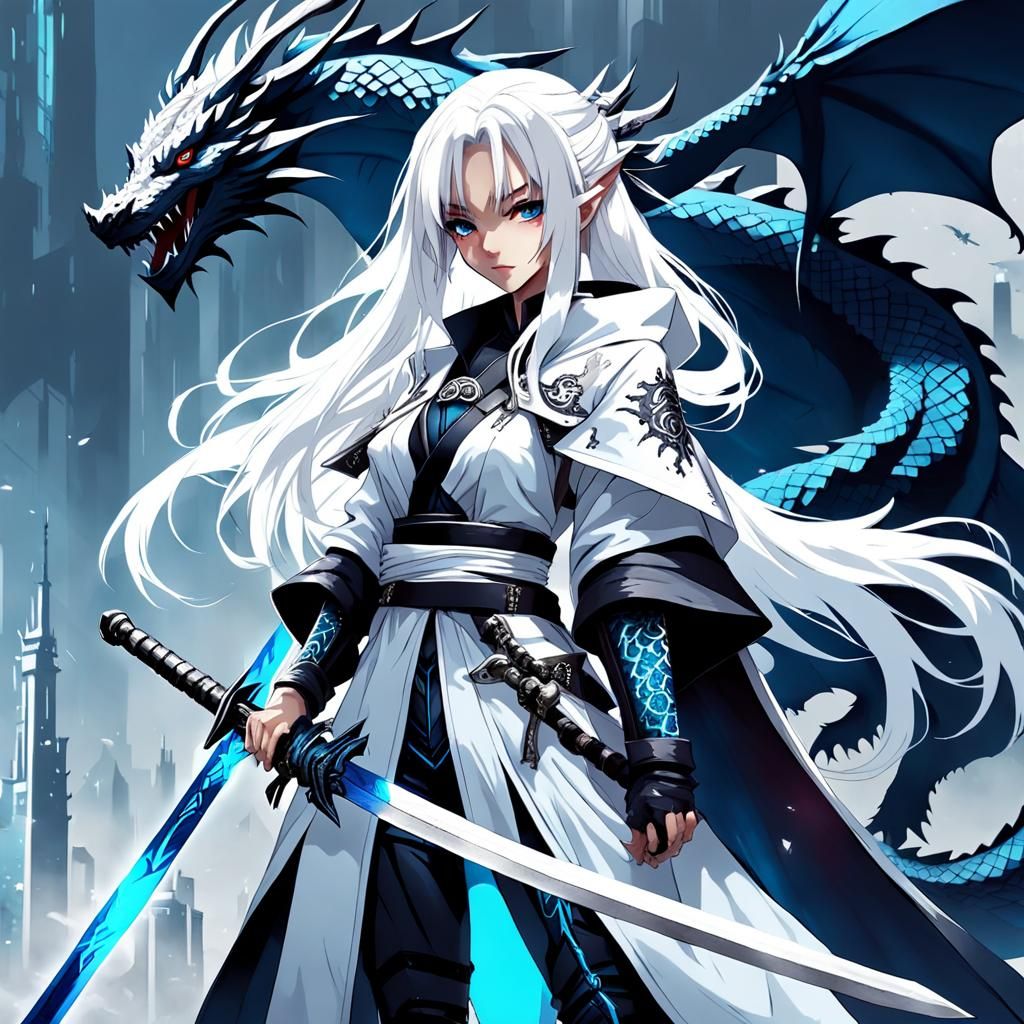 Cyberpunk Girl with Dragon and Sword