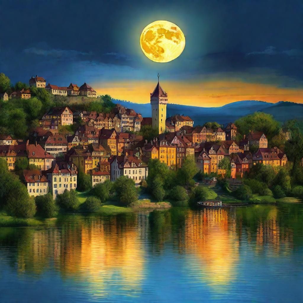 Moonlit Village Landscape in Dreamy Digital Art