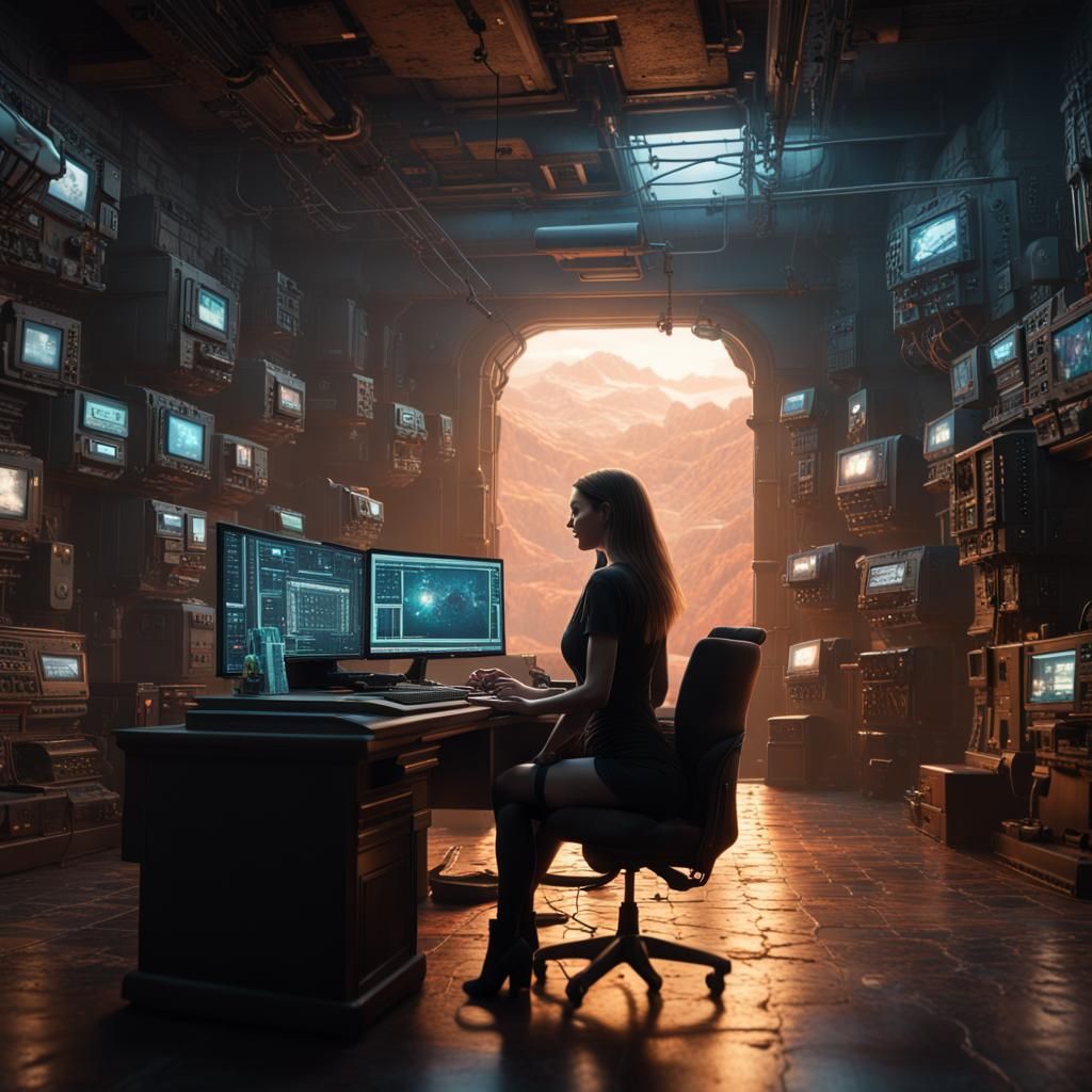 Cyberpunk Woman in Basement Command Center