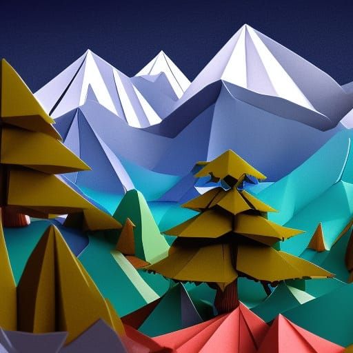 Origami Papercraft Forest and Mountain City in 3D