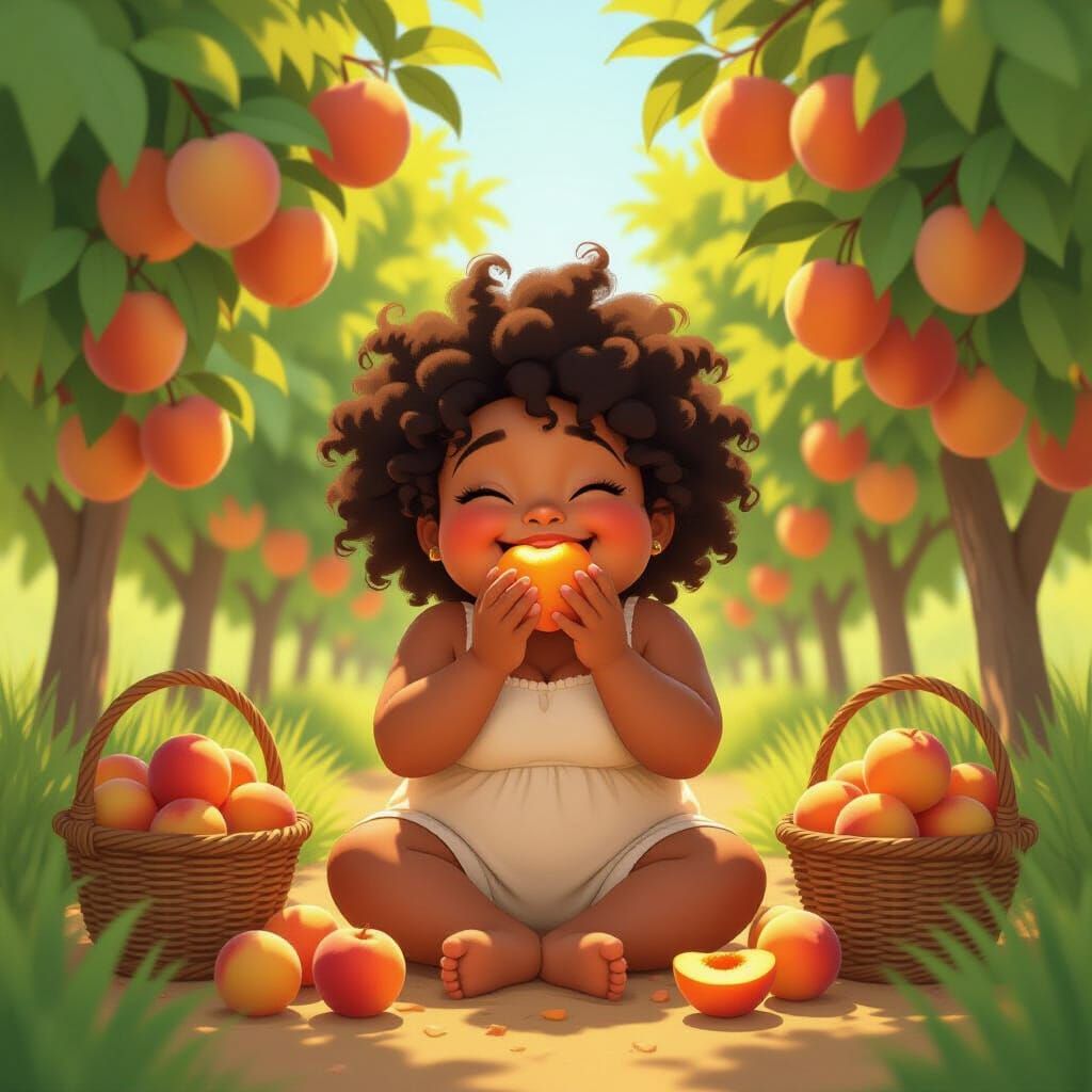 Joyful Girl in Peach Orchard, Animated Style