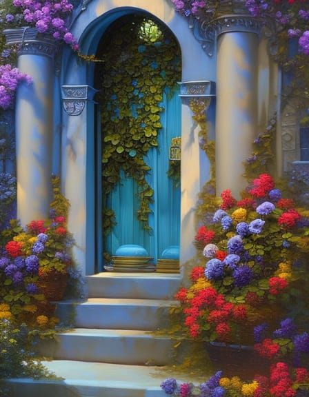 Lush Floral Fantasy: Oil Painting with Blue Door