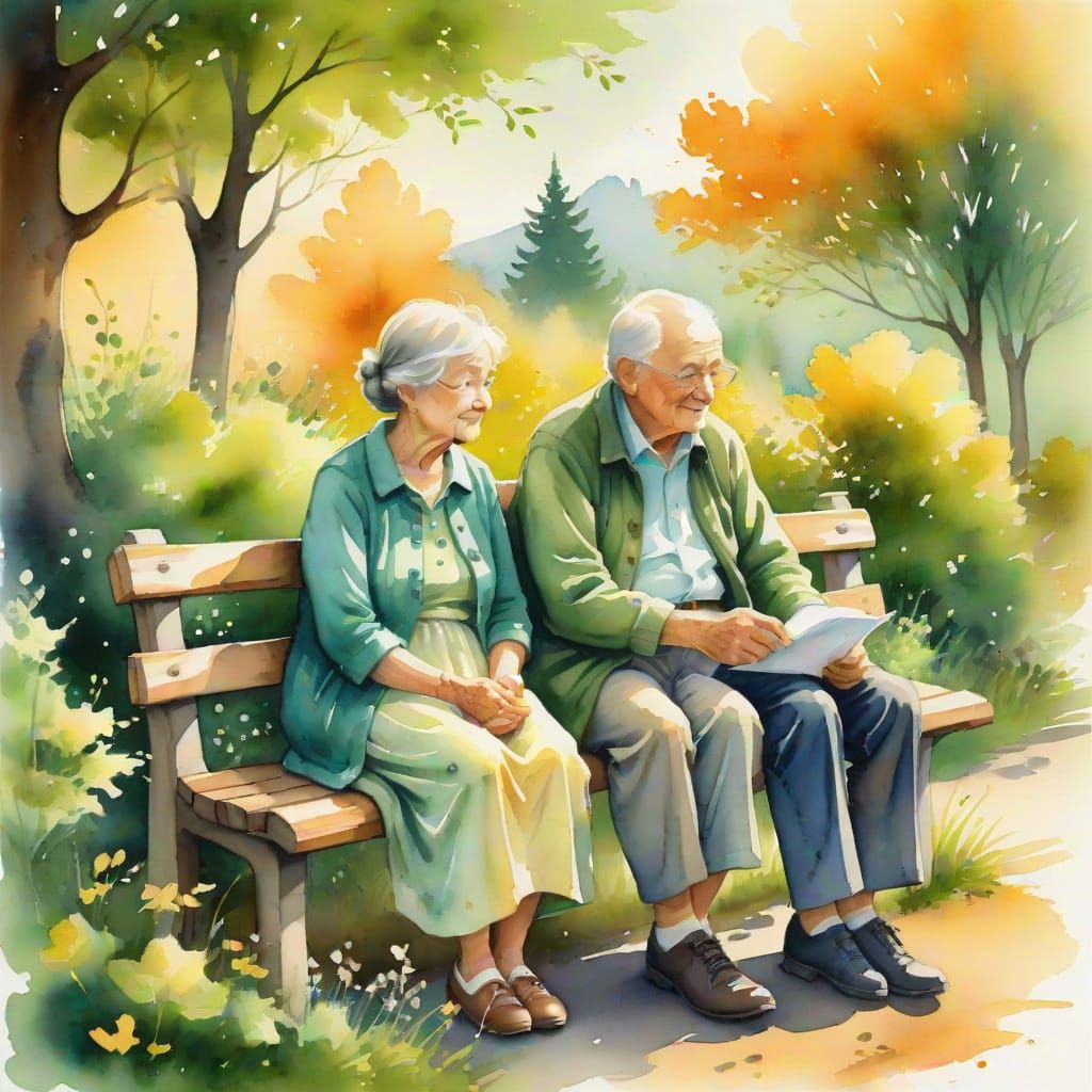 Cozy Watercolor of Grandparents on a Bench