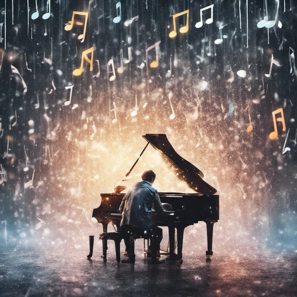 Glittering Musical Notes Soar from Bright Piano
