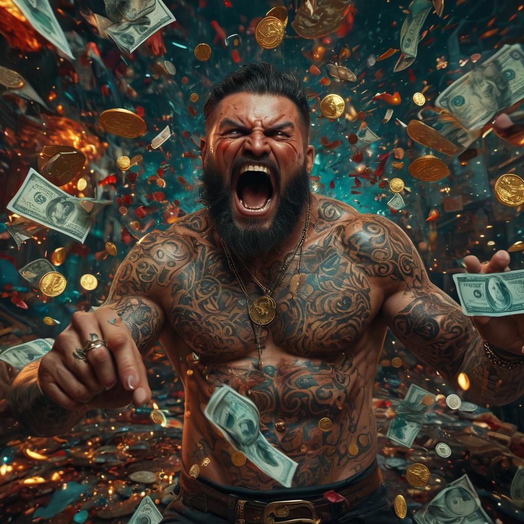 Furious Tattooed Man Amidst Treasure: Fantasy Art