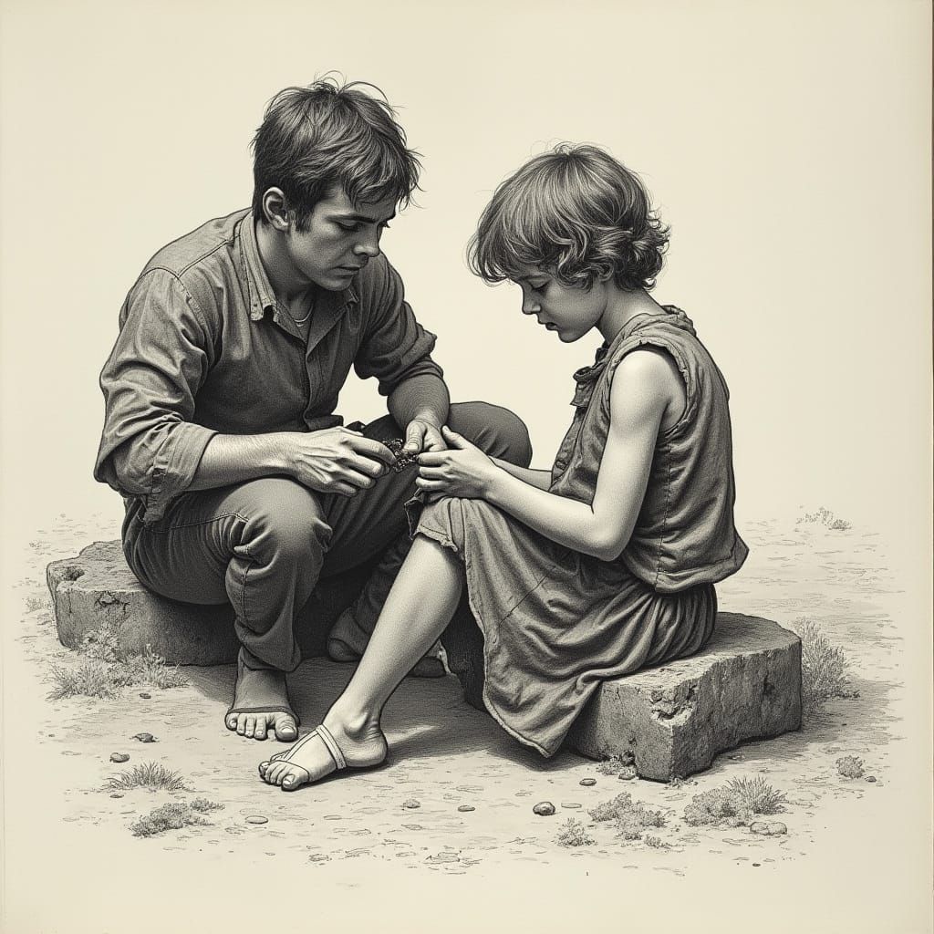Etched Scene of a Boy, Girl, and Beached Boat