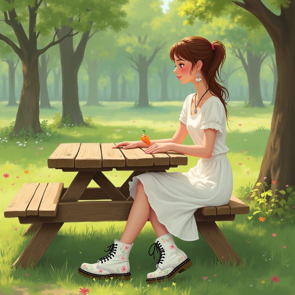 Earthy Whimsical Woman in Park: Dreamy Realism