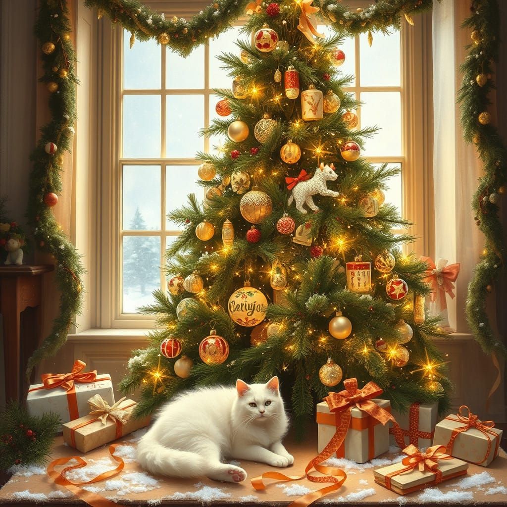 Majestic Christmas Tree with White Cat in Snowy Window