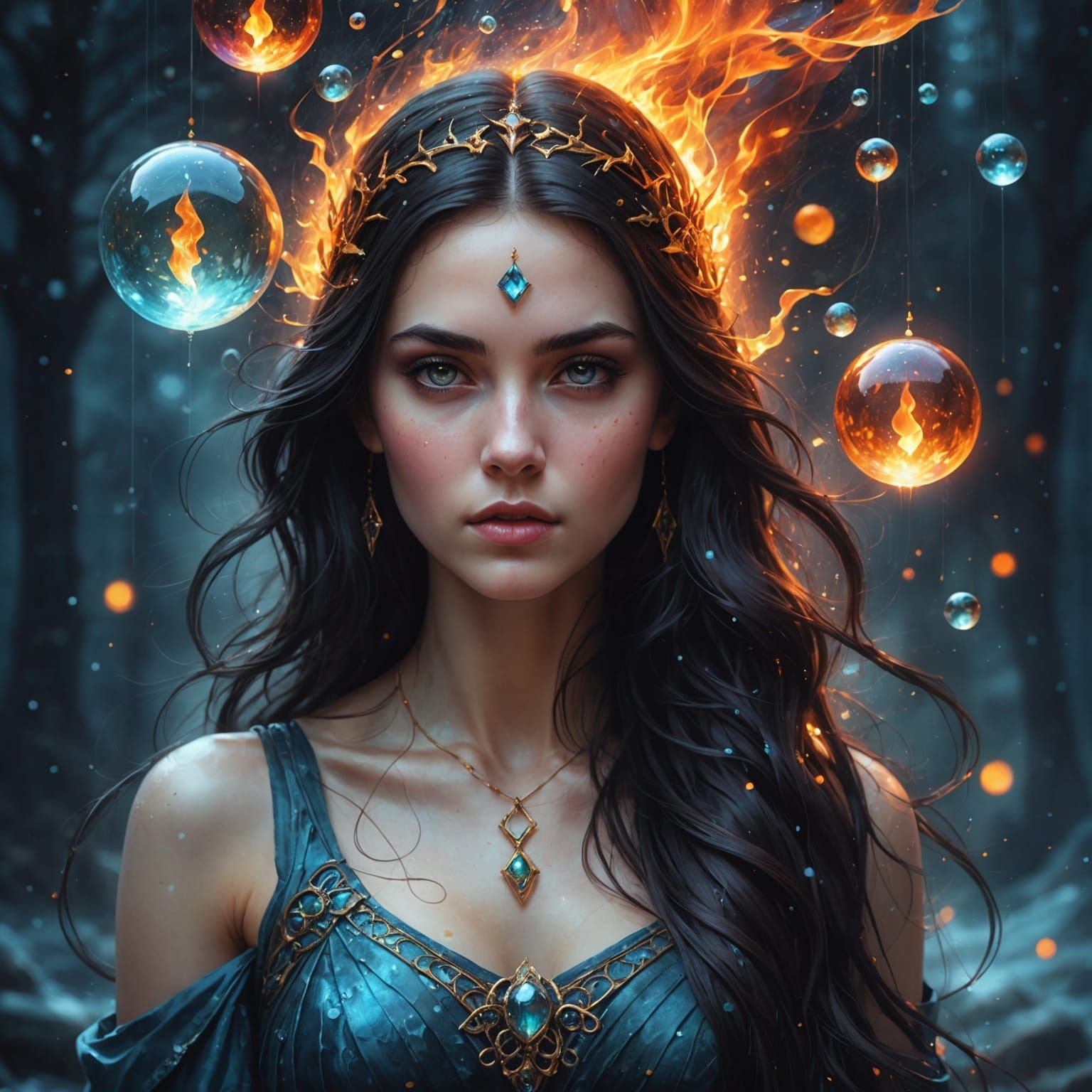 Mystical Maiden Portrait with Magic Runes in Fluidic Art