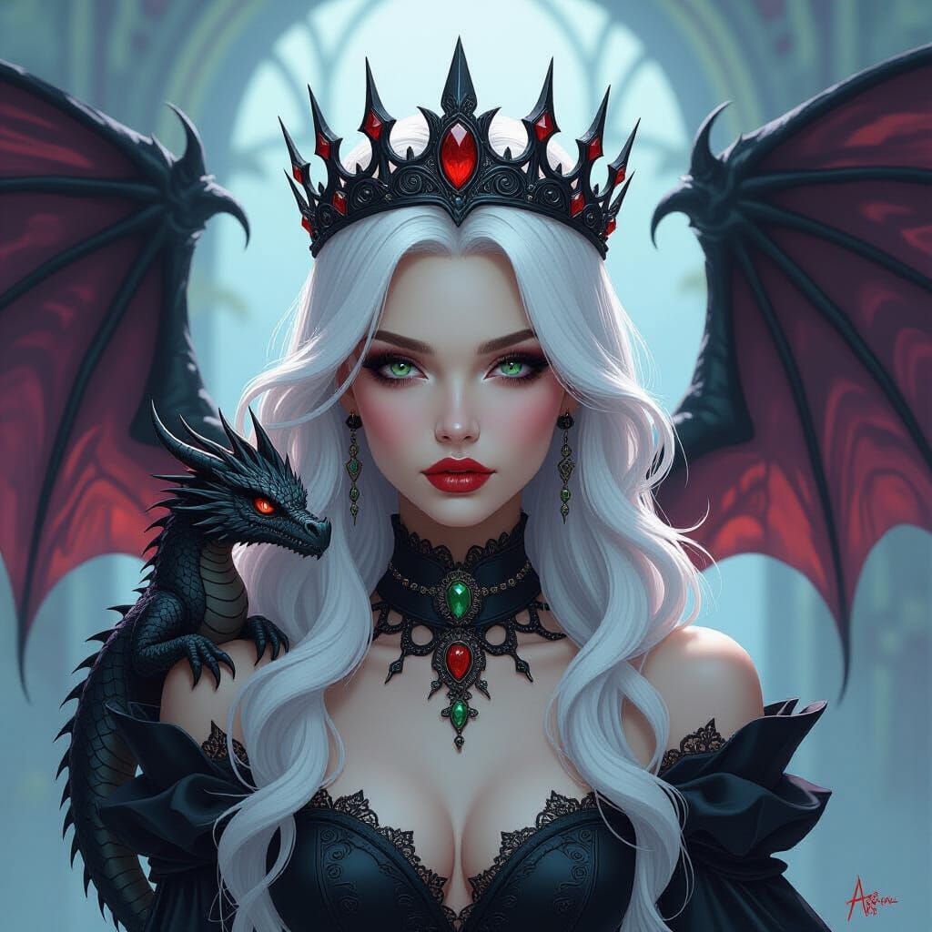 Gothic Woman with Dragon, Onyx Crown, Flowing White Hair