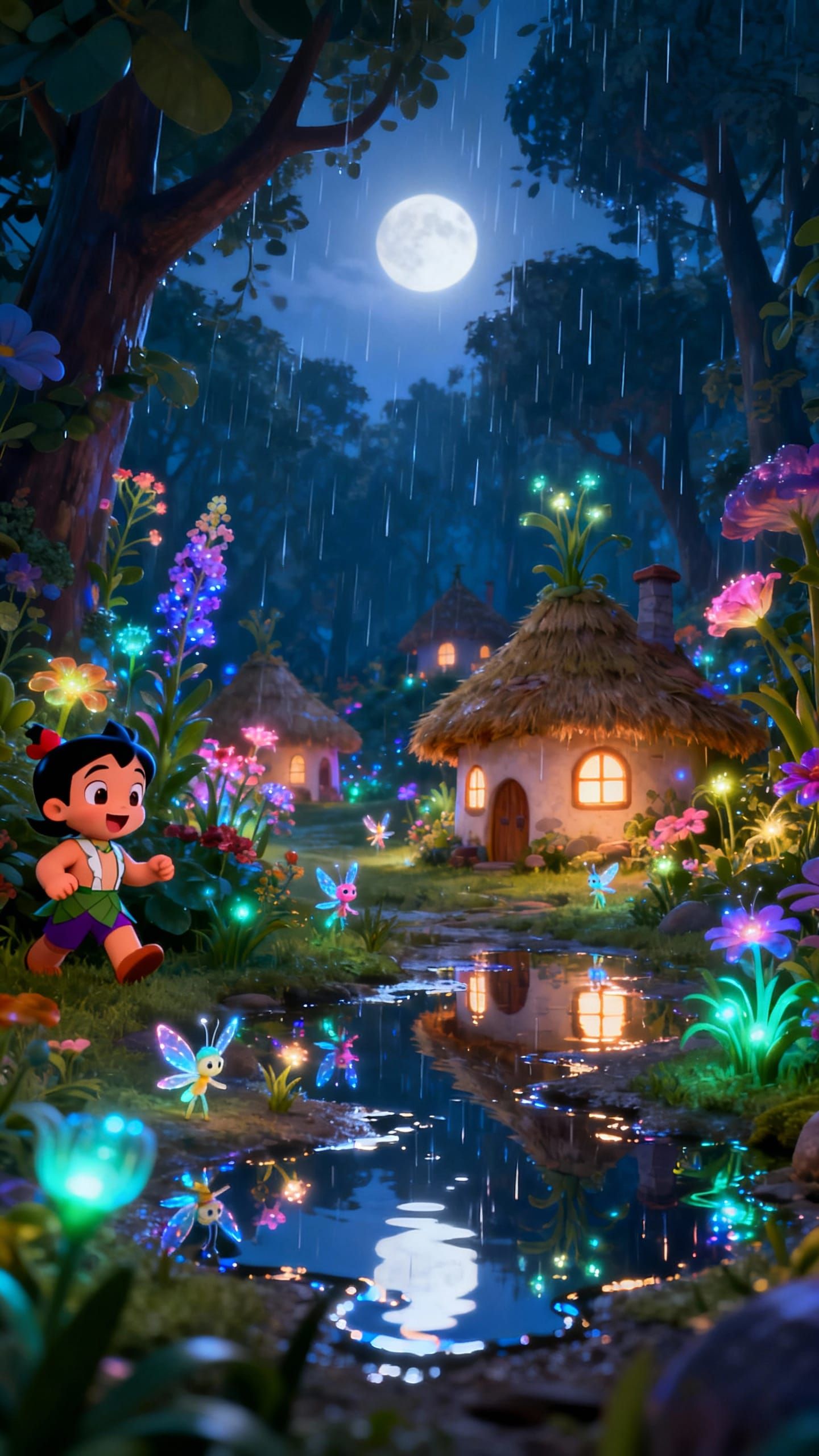 Whimsical Fairy Village in Gentle Moonlight Rain