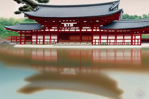 Japanese Temple Waterside Digital Art Masterpiece