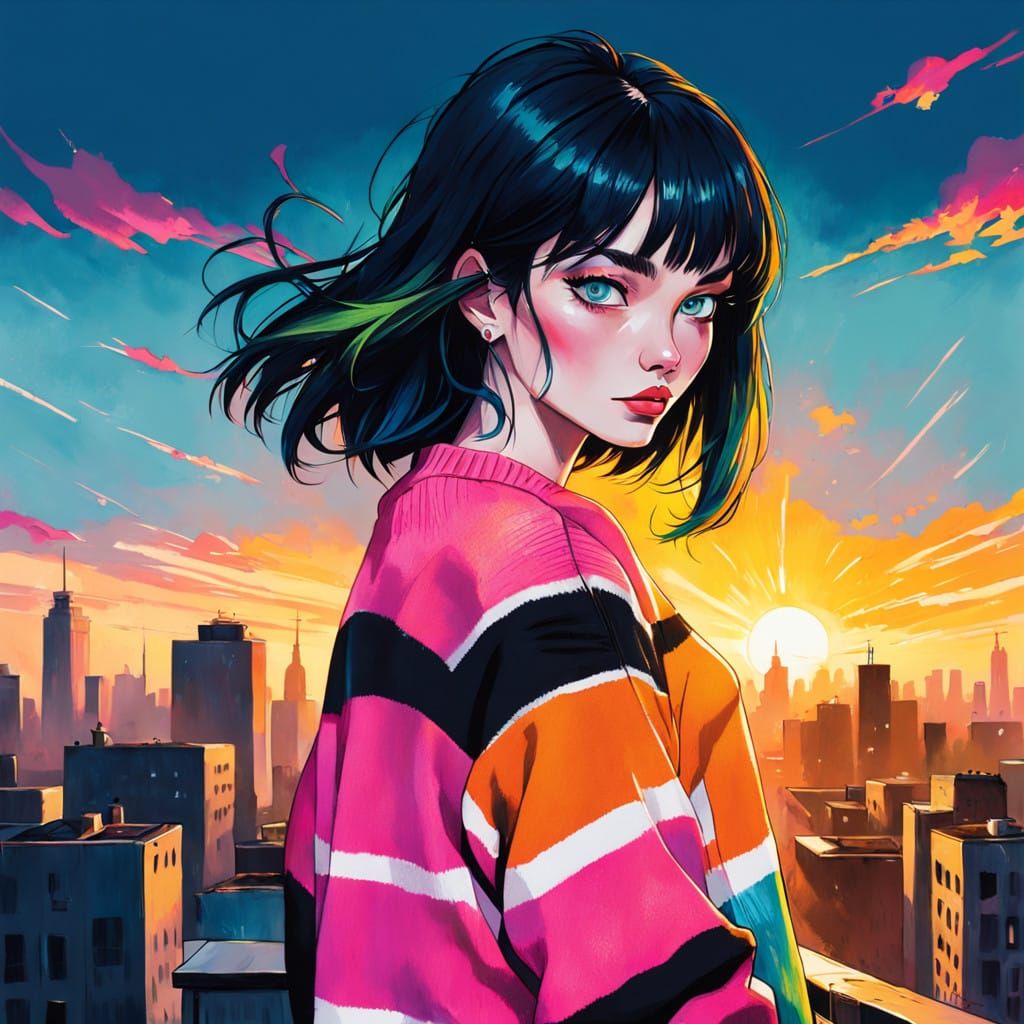 Anime-Inspired Young Woman in Sunrise Silhouette