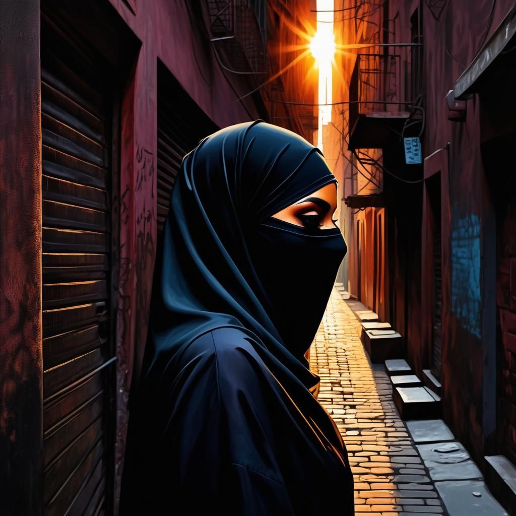 Woman in Niqab in Shadowy Alley at Sunset
