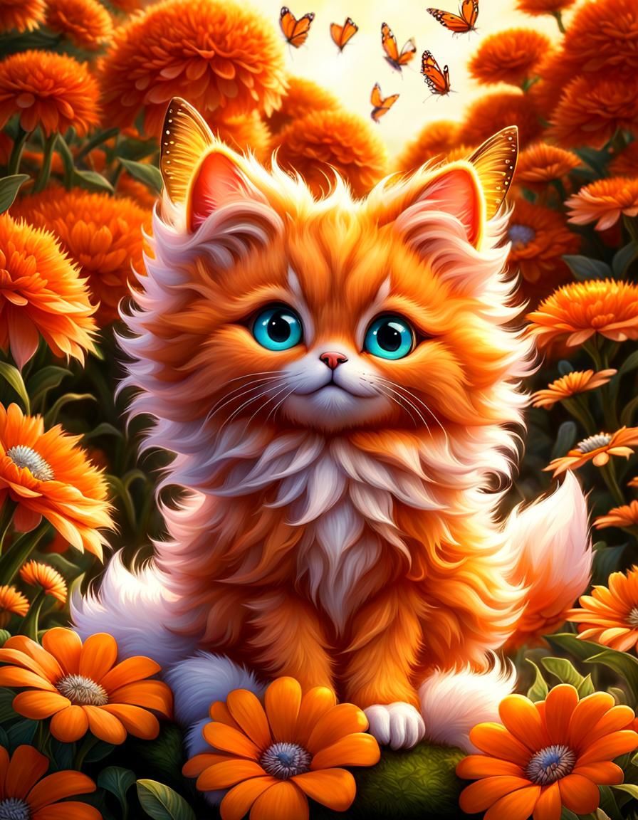Adorable Orange Fairy Cat in Surreal 3D Landscape