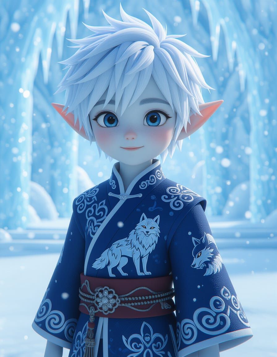 Blue Elf Boy in Ice Palace, Anime Style