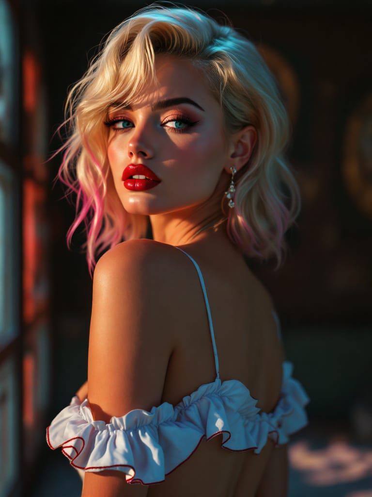 Retro Pinup Woman with Pink Tipped Hair in Hazy Light