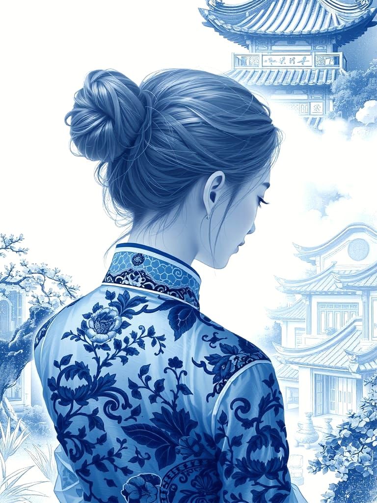 Woman in Classical Garden: Ink Wash Painting Style