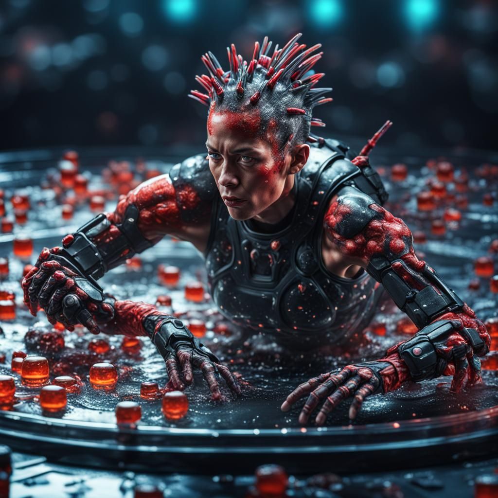 Cyborg Mohawk Jello Wrestling: Hyperrealistic Image