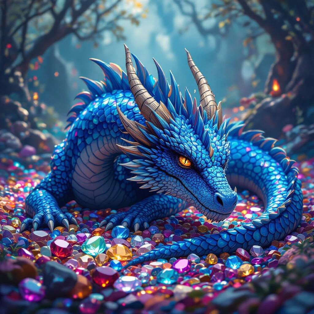 Iridescent Dragon on Gem Bed in Dreamlike Style
