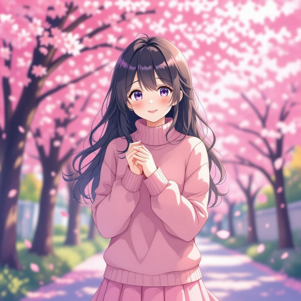 Yandere in Cherry Blossoms, Anime-Inspired Illustration