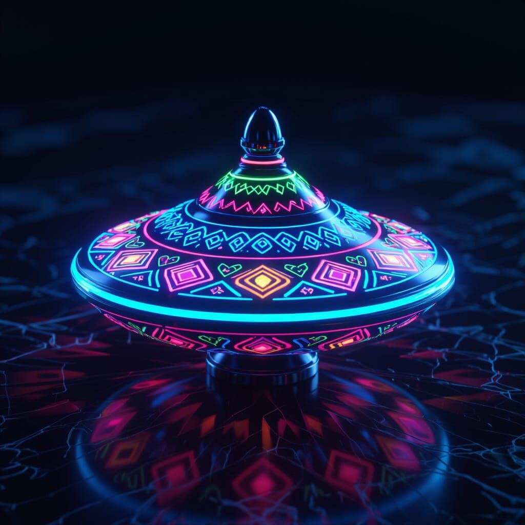 3D Spinning Top with Neon Patterns Under Blacklight
