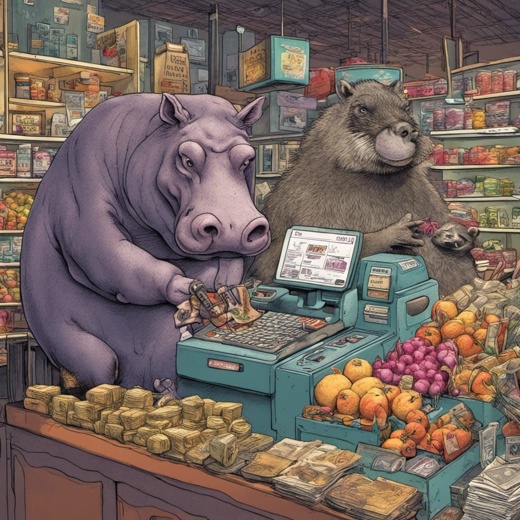 Not enough space behind the counter for this poor hippo cash...