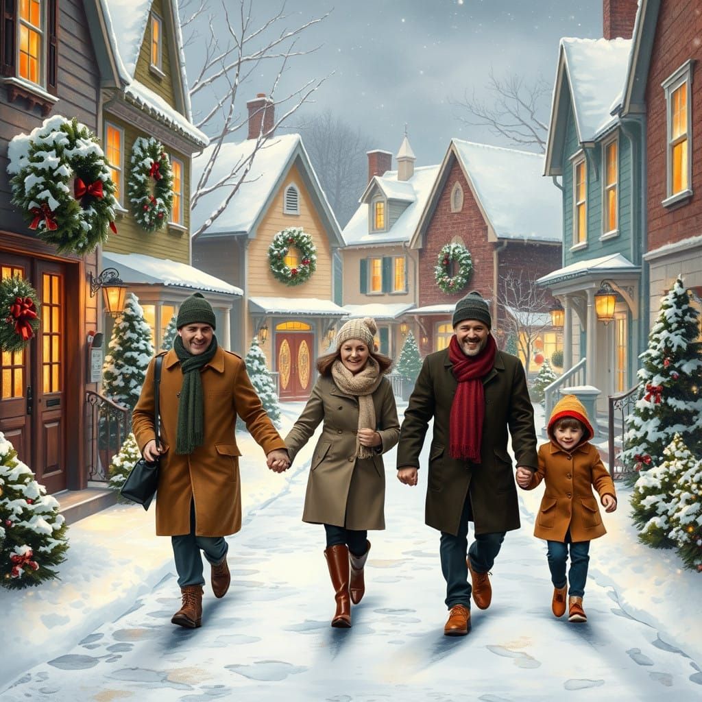 Charming Family Strolls Through Snowy Village in Warm Holida...